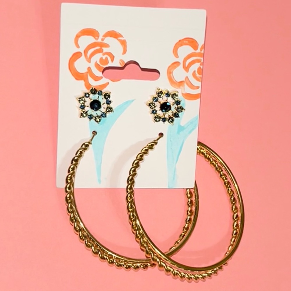 Blue snowflake style earrings with hoop earrings